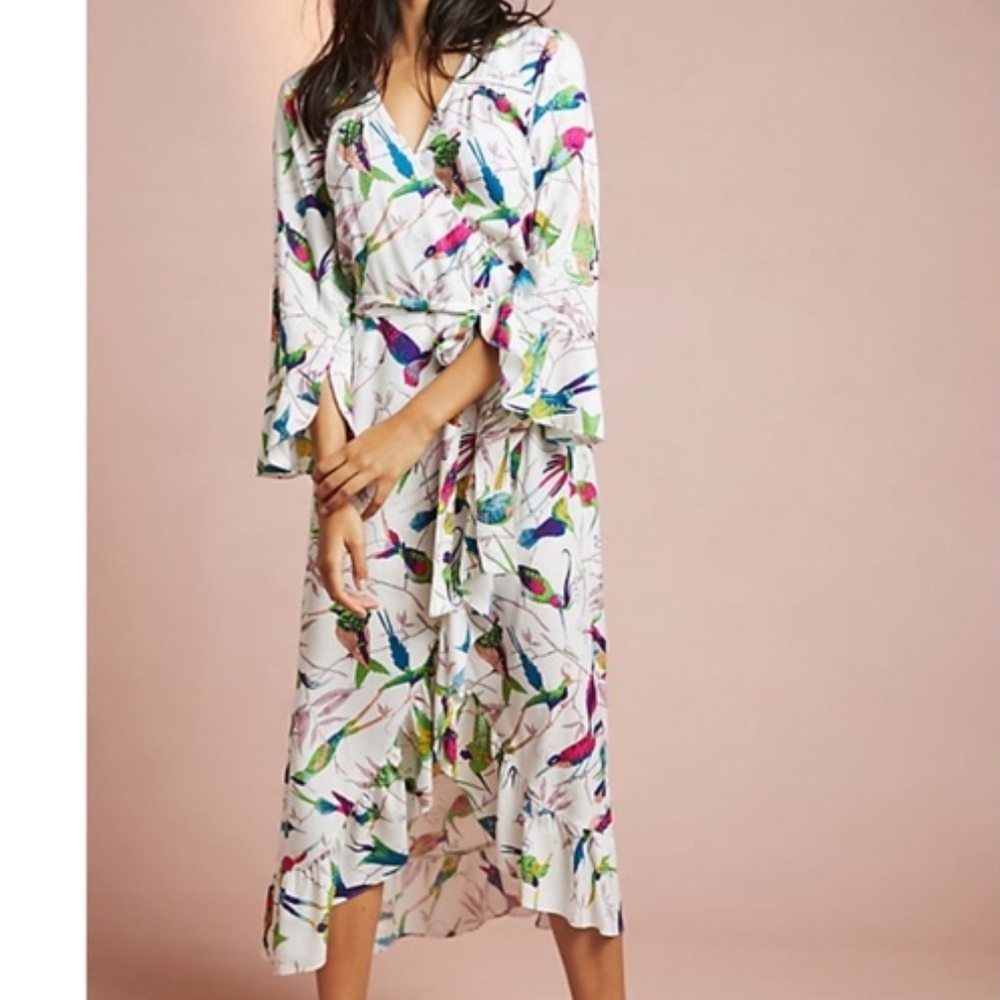 Anthropologie White Floral & Bird Print Midi Wrap Dress